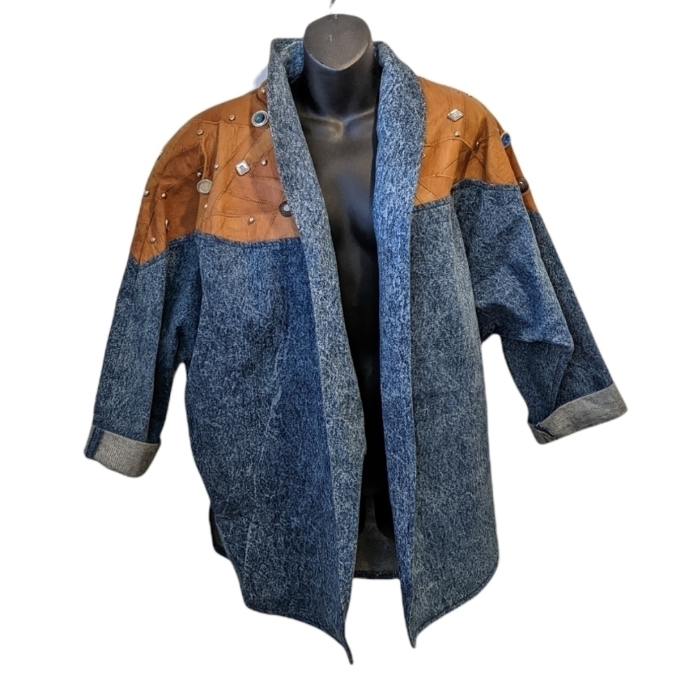 𝅺Vintage Danier Western Stone Wash Denim Oversized Jacket Leather Small 80's